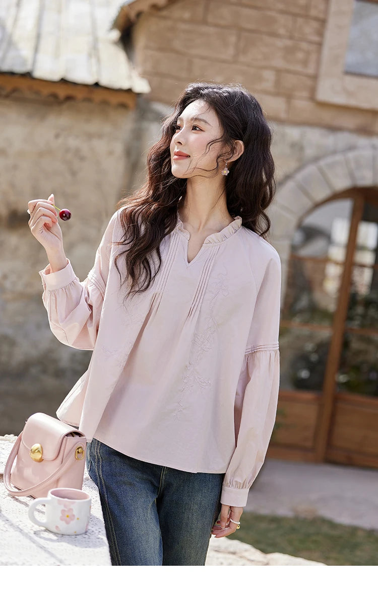 MISHOW Pink Cotton Ruffled Blouse Loose Long Sleeve MXE13X1699