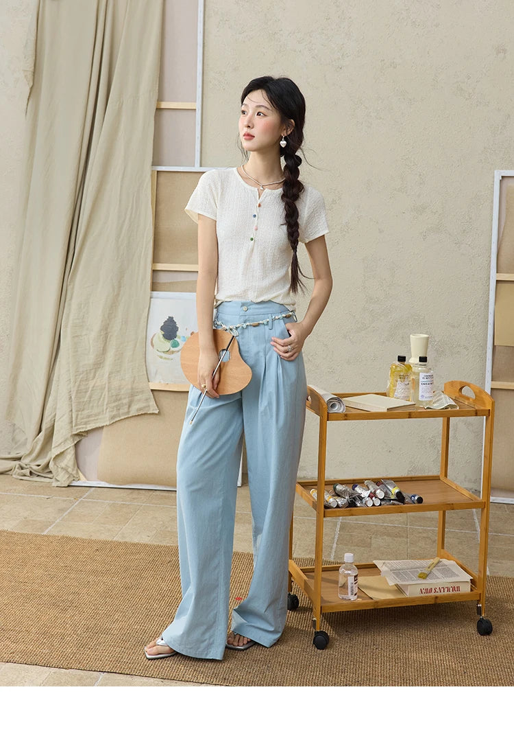 MISHOW Sea Salt Blue Wide Leg Pants 2025 Summer Contrasting Bead Belt Cotton Blend Trousers Slim Commuting Pants MXE35K0931