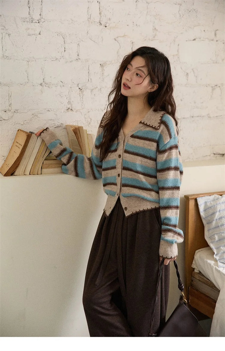 MISHOW Striped Cardigan for Women 2025 Winter Retro Unique Design V-neck Single-breasted Sweater Wool Long Sleeve Top MXE87Z2681