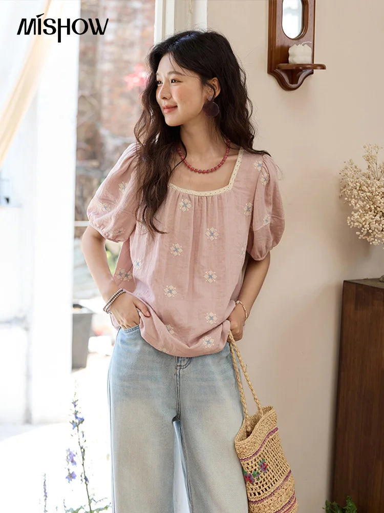 MISHOW Pink Embroidered Linen Floral Blouse for Summer 2025 A-line Square Collar Blouses Lace Patchwork Loose Tops MXE35X1834