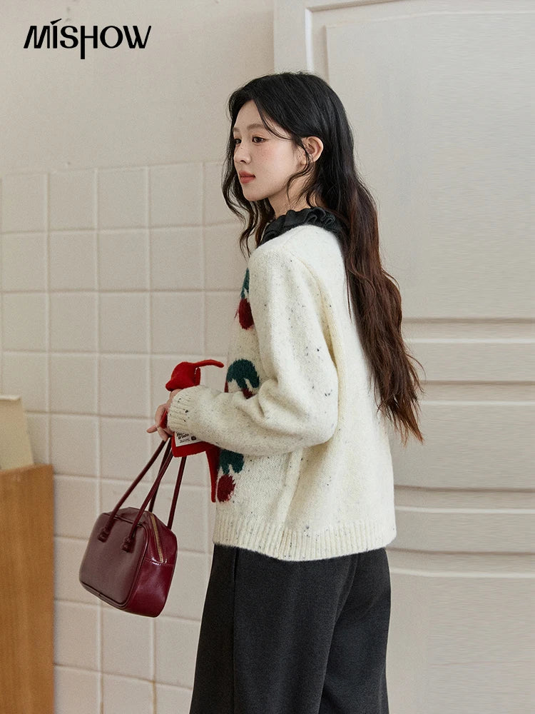 MISHOW Women's Cherry Jacquard Flecked Cardigan 2025 Autumn Winter Korean Drop Shoulder Tops Loose Crew Neck Knitwear MXE91Z2837