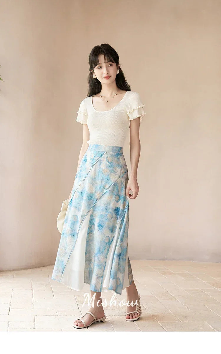MISHOW French Skirts of Women Fashion 2023 [Van Gogh Collection] Art Pleated High Waist Slim Fit Female A-LINE Skirts MXC39B0095