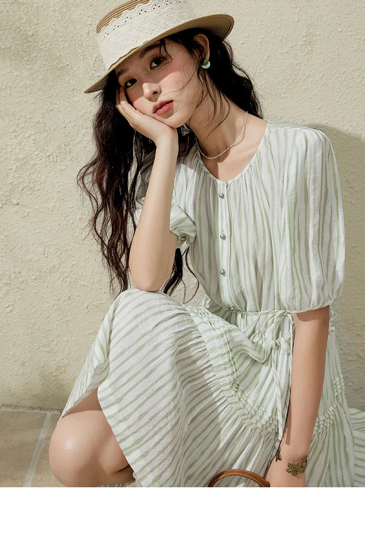 MISHOW French Green Striped Dress Women Summer 2025 Short Puff Sleeve Round Neck New Mid-length Dresses Woman Fashion MXE15L2141