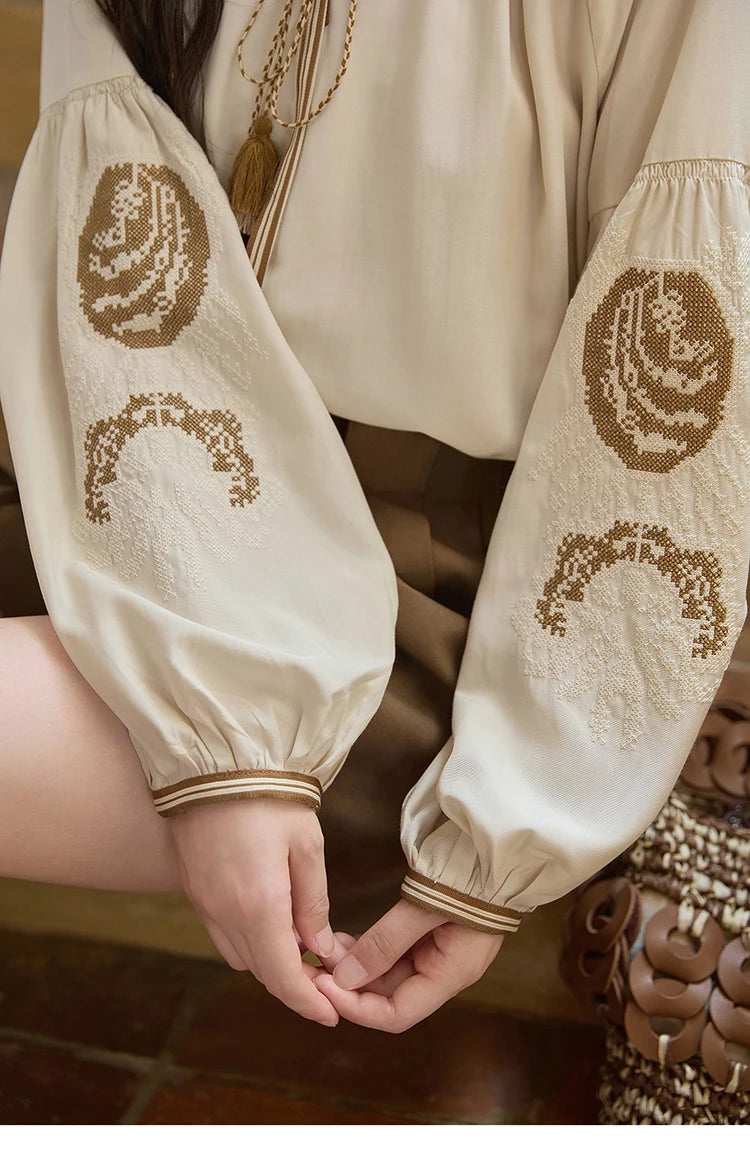 MISHOW Autumn Apricot Embroidered Blouses 2025 Contrasting Tassels Lace Up Blouses Lantern Sleeves Loose Vintage Top MXE41X1940