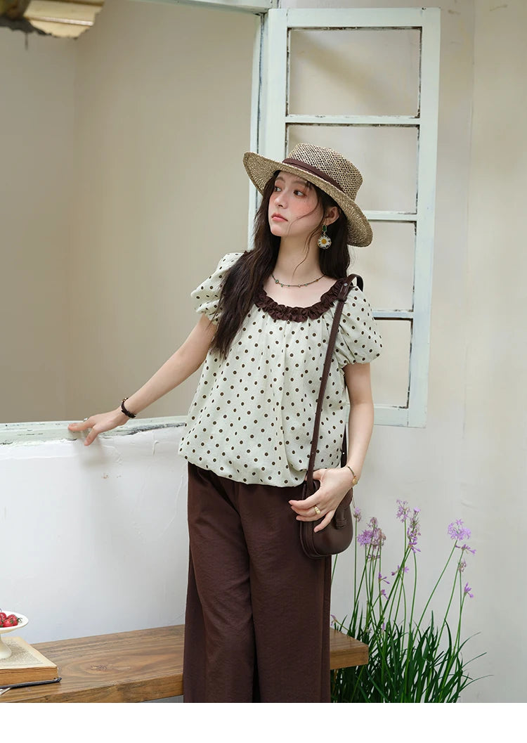 MISHOW 2025 Summer Women's Two Piece Set Polka Dot Puff Sleeve Top Casual Pocket Wide Leg Pants Set Female Clothing MXE39T0657