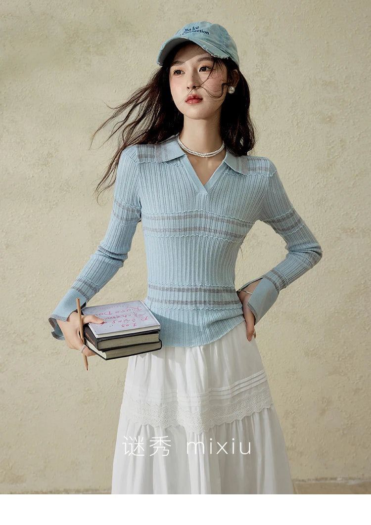 MISHOW Striped Knitted Tops for Women Spring 2025 Contrast Color Striped Slim V-neck Trumpet Sleeves Commuter Outfit MXE13Z1141