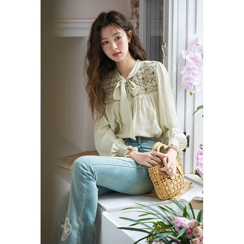 MISHOW Ribbon Collar Shirt for Women Autumn 2025 Sweet Cuffs Pleated Embroidered Petal Sleeve Loose Top Office Lady MXD14C0226