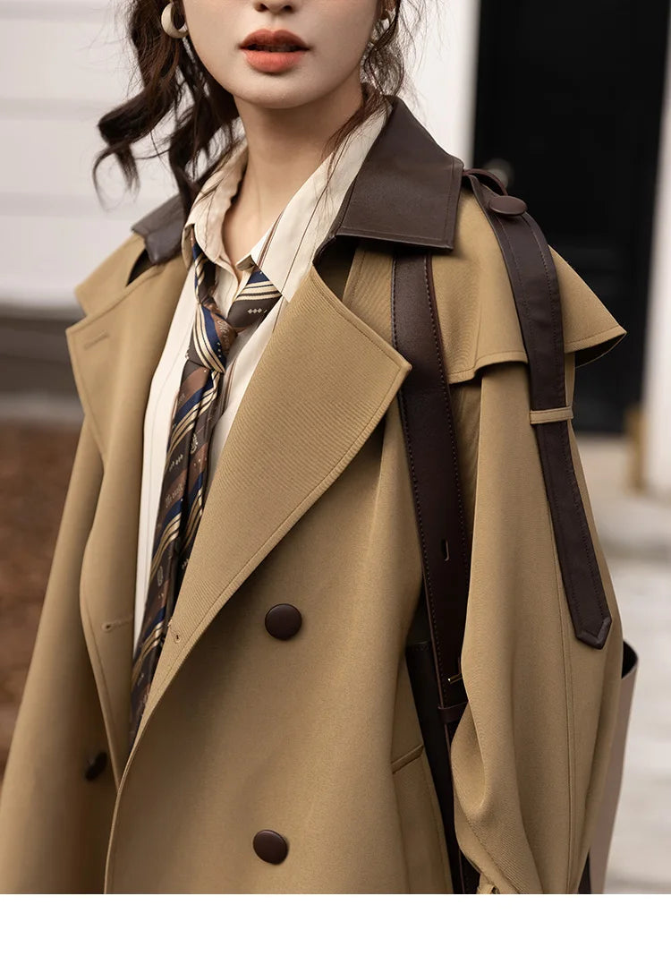 MISHOW Trench Coats for Women Autumn Korean Office Lady Polo Collar Patchwork Long Mid-length Jacket Female Outerwear MXB33W0399