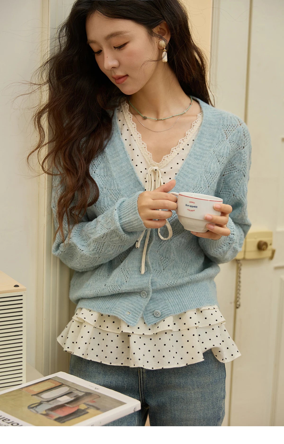 MISHOW Women's Blue Argyle Knitted Cardigan 2025 Autumn V Neck Drop Dropped Sleeve Cardigan Hollow Out Wool Blend Top MXE41Z1313