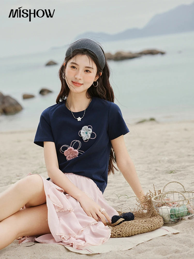 MISHOW Casual Summer Print T-shirts Women New 2025 Short Sleeve Round Neck Flower Beaded Shirts Female Fashion Tops MXE33T0499