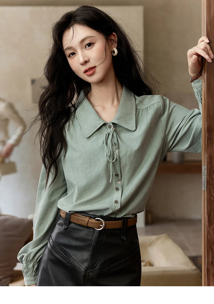 MISHOW Vintage Green Blouse Bow Lace-Up Lantern Sleeve MXD44C0337