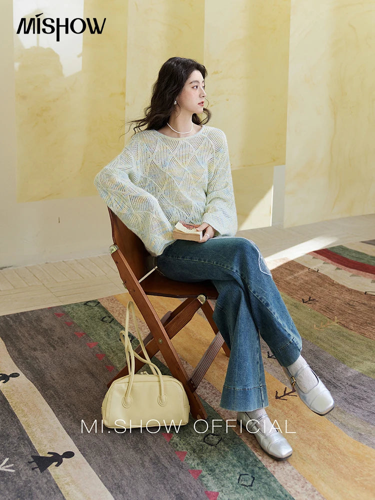 MISHOW Women's Hollow Knitted Sweater 2025 Spring Loose Thin Dropped Shoulder Top Wool O Neck Hem Wavy Edge Sweaters MXE14Z1208