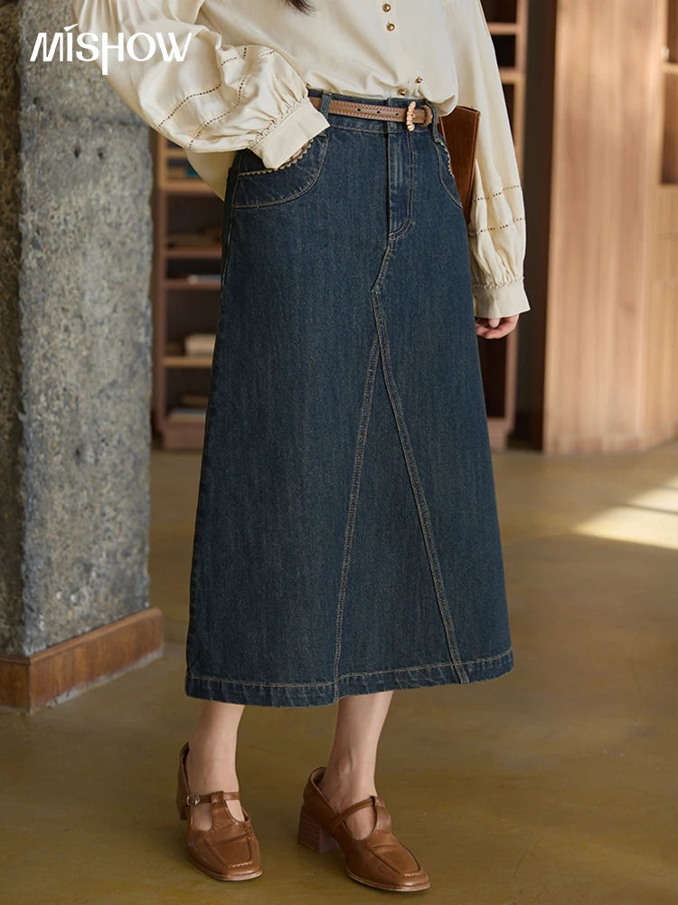 MISHOW High Waist Slim Denim Skirt for Women Autumn 2025 Fashion Pocket Skirt Rear Hem Split Casual Skirt Office Lady MXE41B2379