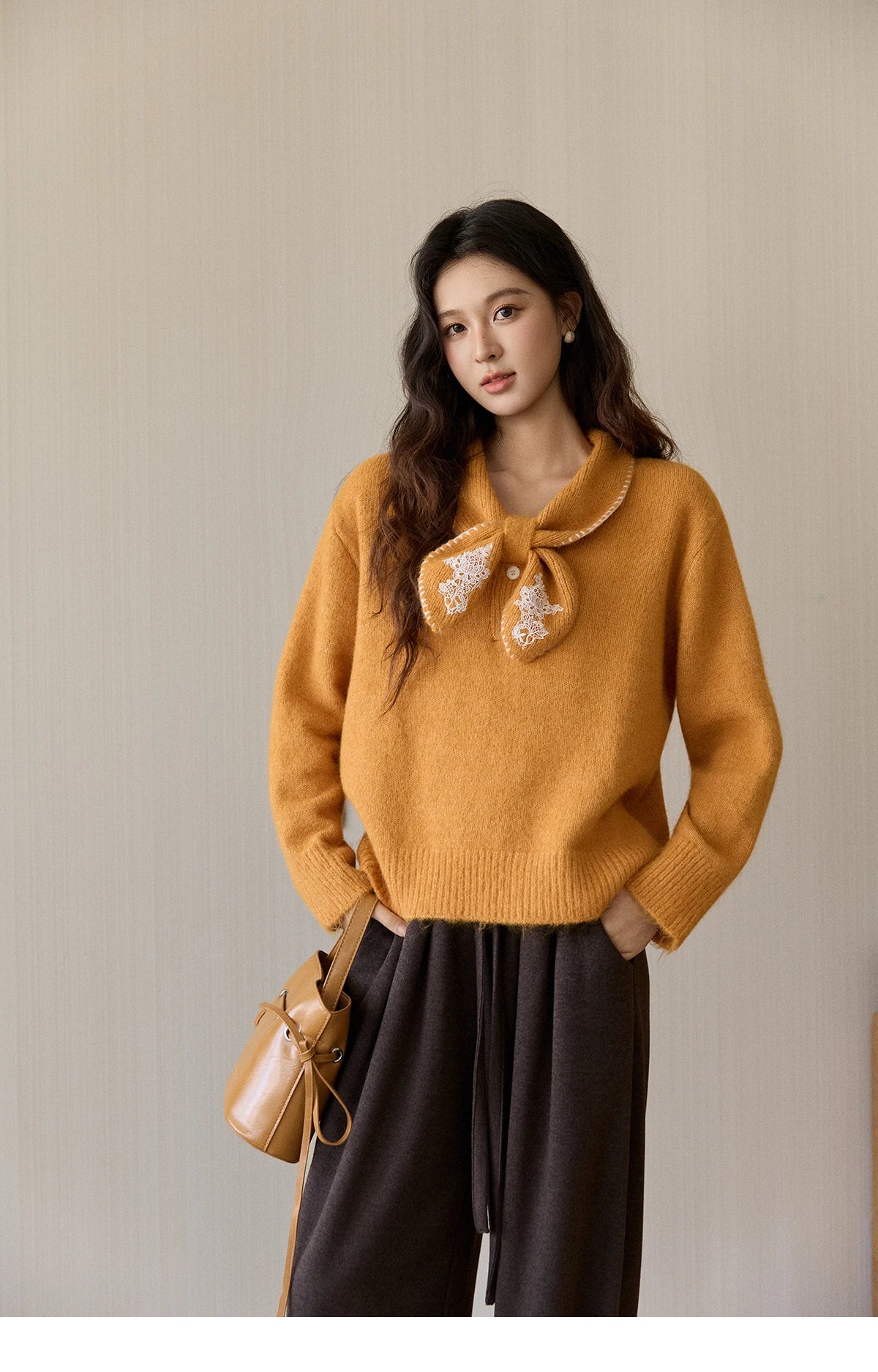 MISHOW Women's Yellow Knitted Sweater 2025 Autumn Winter Bow Collar Splicing Lace Tops Loose Warm Pullover Sweaters MXE94Z2971