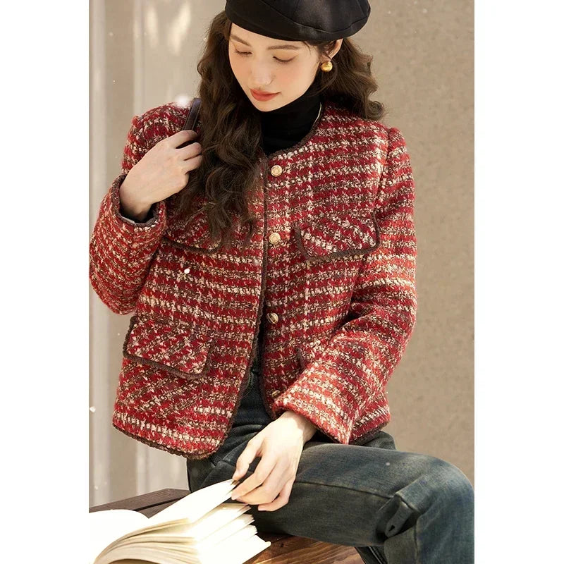 MISHOW Tweed Jacket for Women Luxury 2025 Winter Wool Blend Thick Coat High Quality Fashion Crew Neck Outerwear Top MXC57Y0021