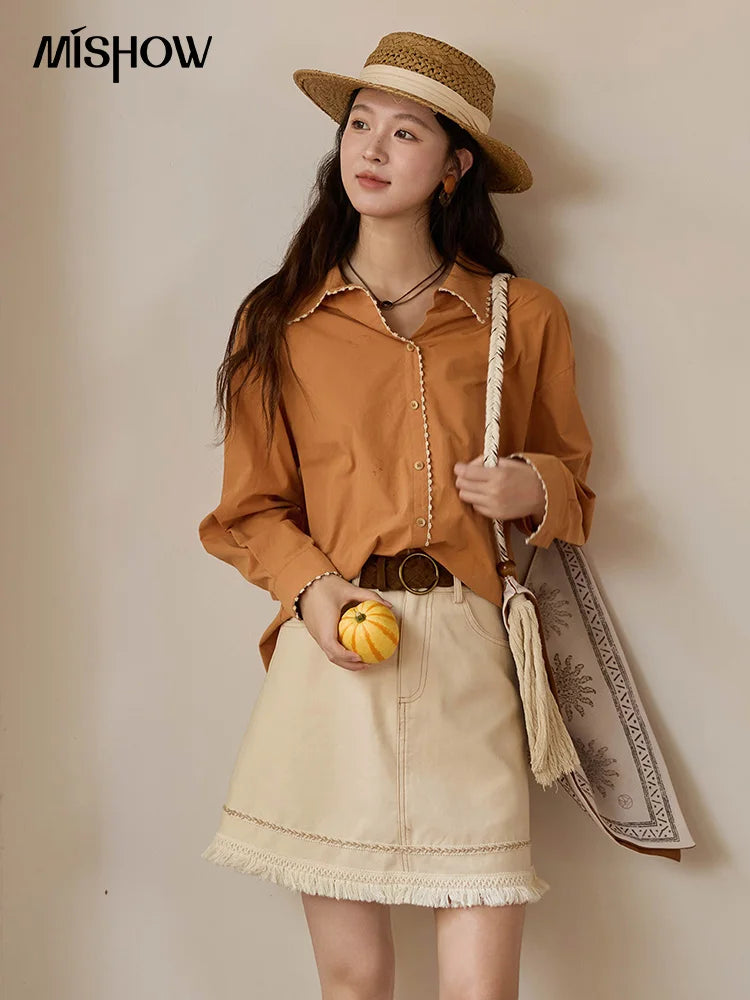 MISHOW Women's 100% Cotton Shirt 2025 Autumn Korean Lapel V-neck Single Breasted Tops Lace Trim Shirts Office Lady MXE43C2377