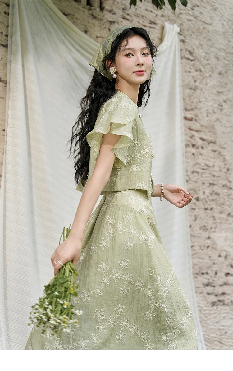 MISHOW Chinese Green Stand Collar Lotus Leaf Overlapping Sleeve Top Hem Stringy Selvedge Skirt Separately 2024 Summer MXD22X1388