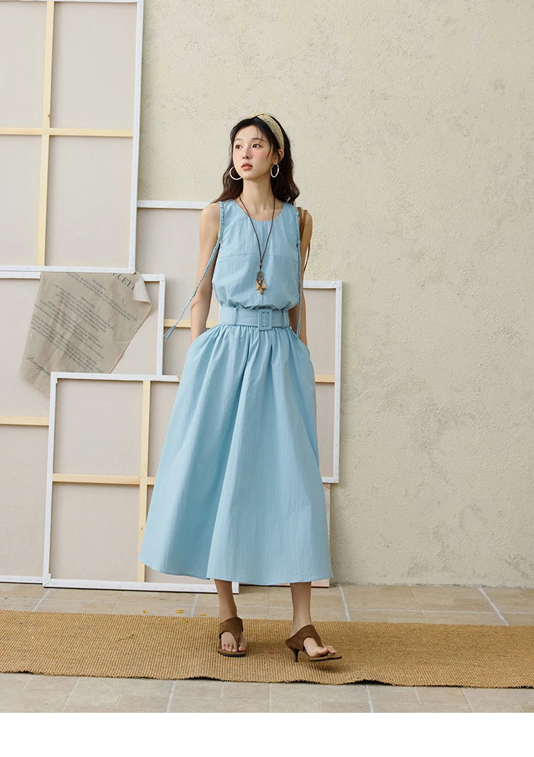 MISHOW Women's Vest Dress 2025 Summer Hand Woven Fried Dough Twists Waist Belt Slim Long Dress A-line Vacation Dress MXE34L2223