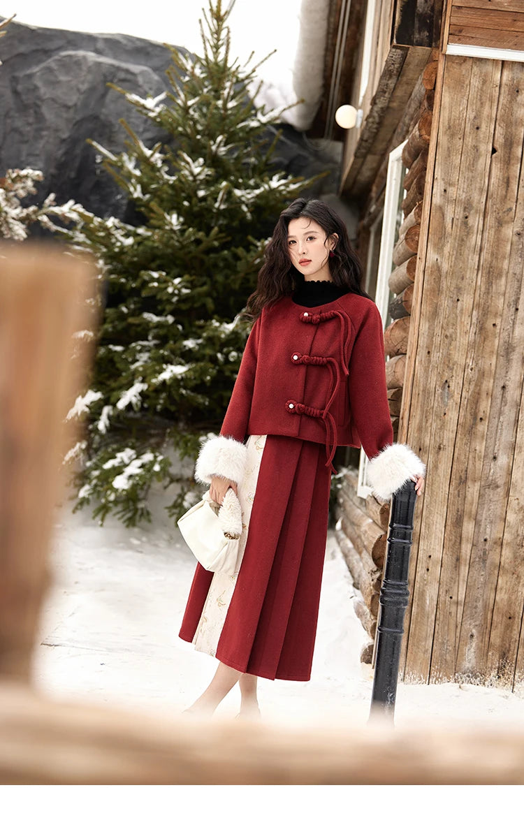 MISHOW Tweed Jacket Midi Skirts Separately Removable Fur Collar Frog Short Coat Cotton Clip A-LINE Pleated Skirt MXD59W0609