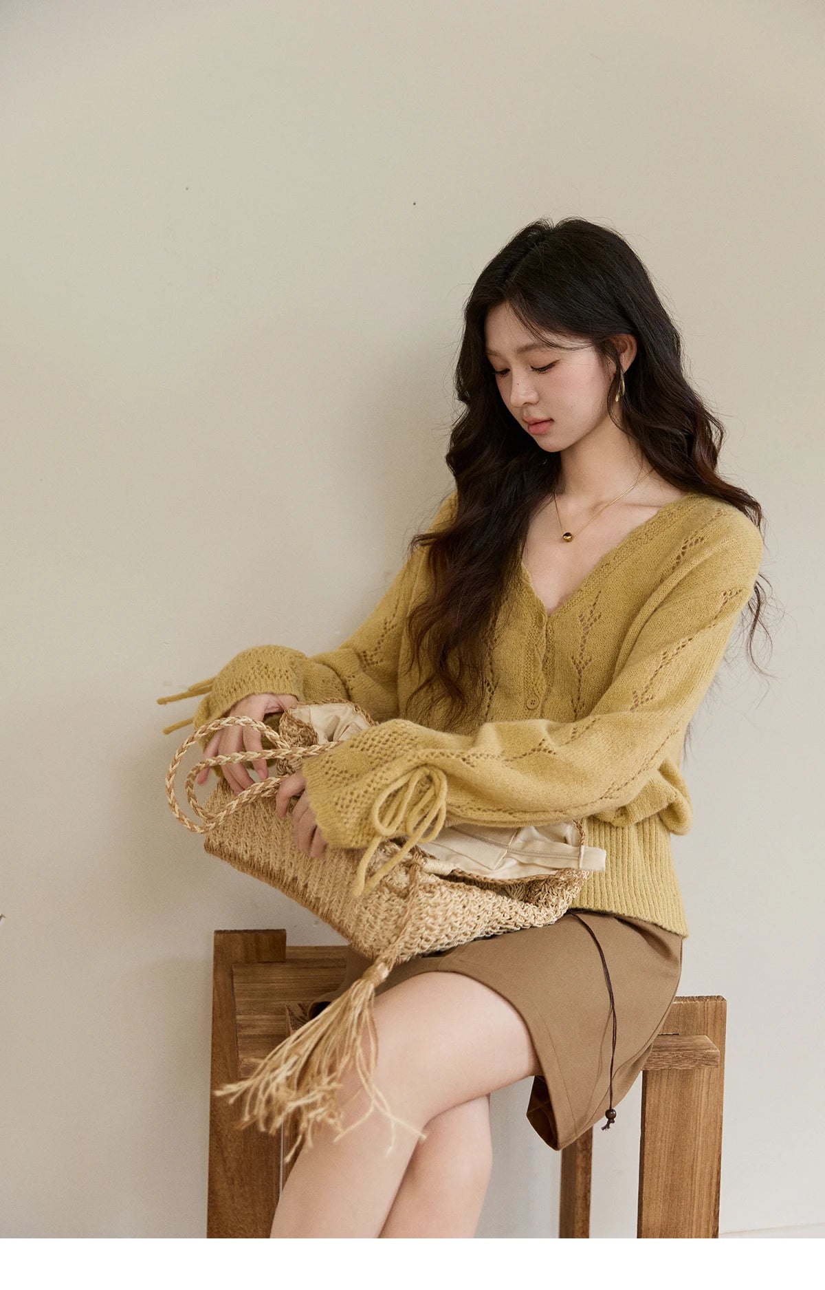 MISHOW Women's Yellow Knitted Cardigan 2026 Spring Hollow Out V-Neck Drawstring Waist Long Sleeve Casual Loose Tops MXF108Z1022
