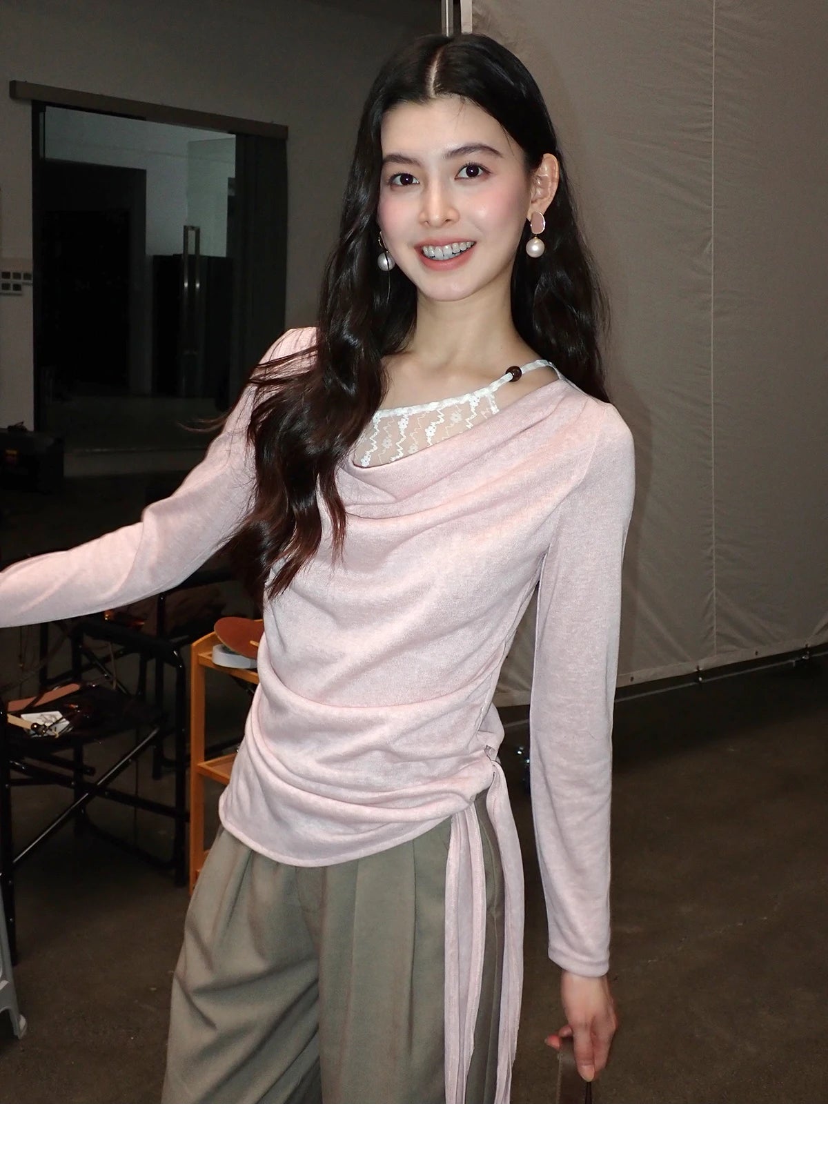 MISHOW Women's Splicing Lace Trim Draped Neck Long Sleeve Tops 2026 Spring Side Tie Ruched Irregular Casual Slim Tees MXF13Z2995