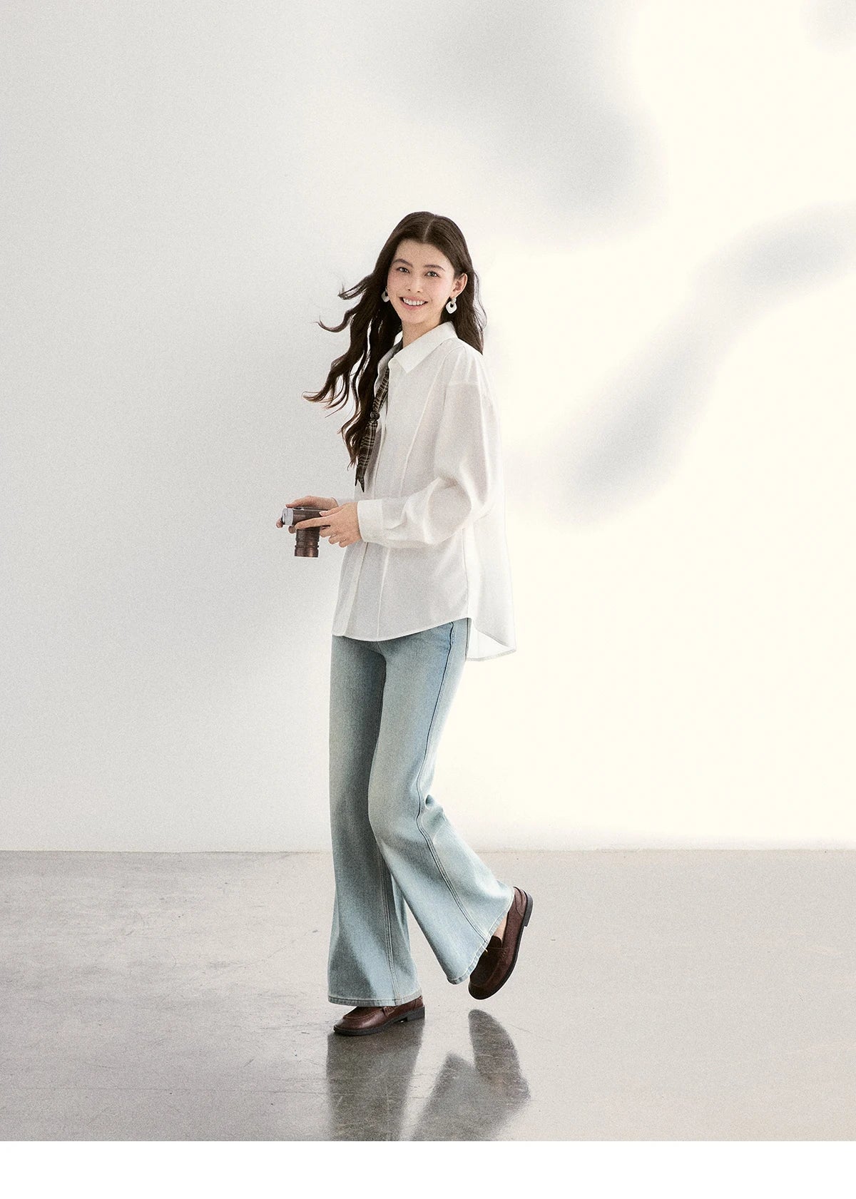 MISHOW Women's Casual Loose Shirt with Plaid Scarf 2026 Spring Lapel Tops Versatile Long Sleeve Shirts Office Lady MXF108C0815