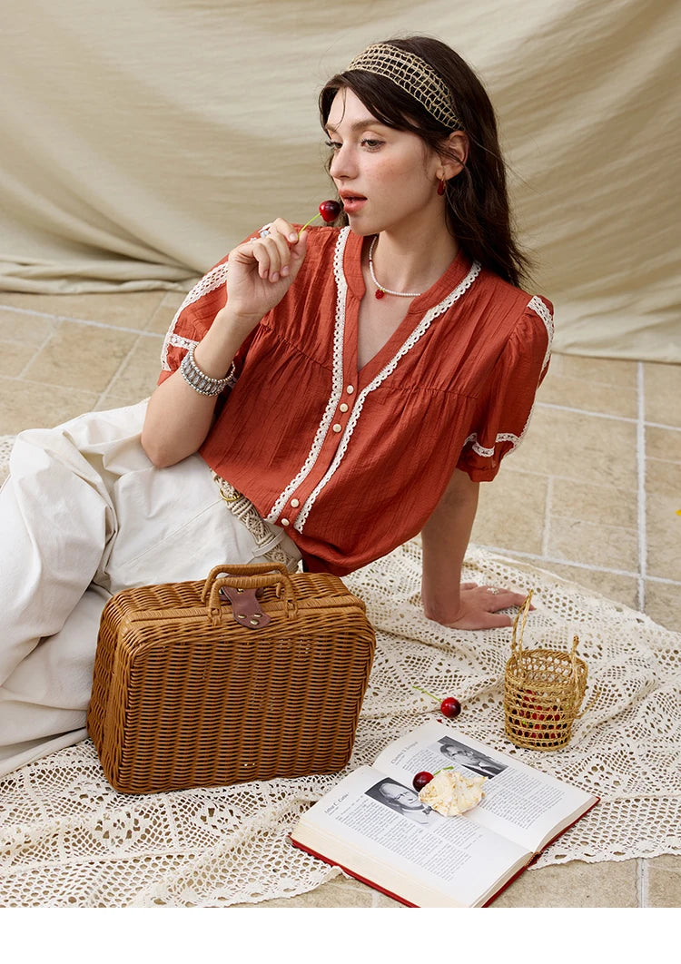 MISHOW French New Blouses Women Summer New 2025 Short Sleeve V-neck Color Matching Shirts Female Fashion Lazy Style MXE31X1766