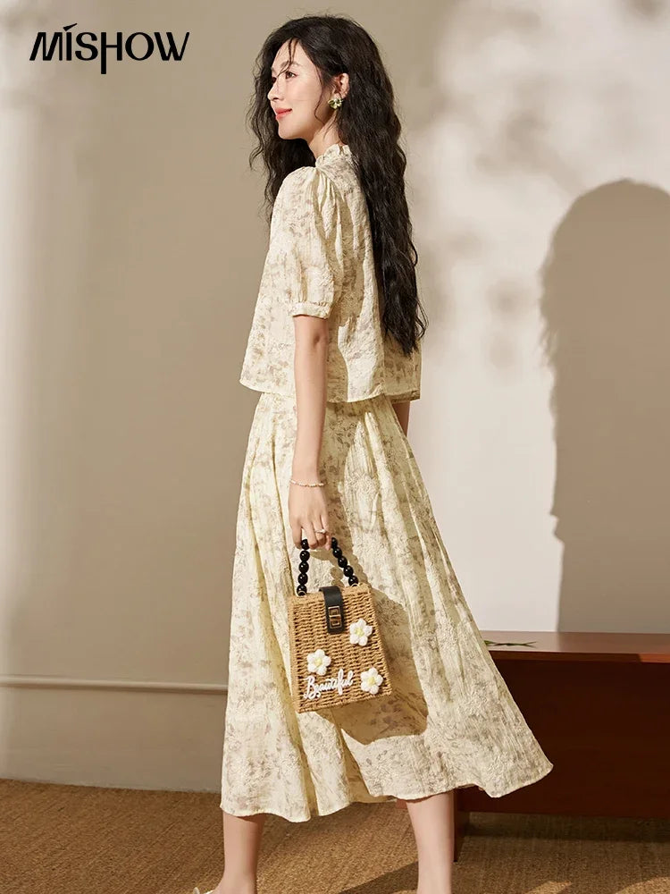 MISHOW Chinese Chiffon Embroidered Shirt A-line Skirt Separately Summer Puff Sleeve Top Rear Elastic Waist Skirt MXD24X1405