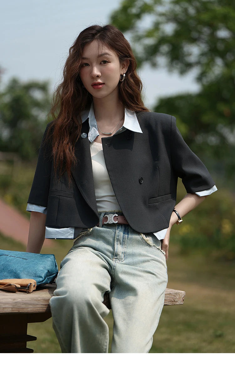 MISHOW Fake Two Short Suit Jackets for Women Summer Three Quarter Single Breasted Turn-down Collar Female Coats MXC33W0016