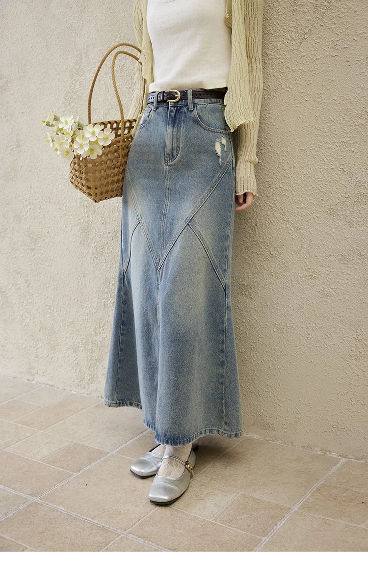 MISHOW Denim Skirt Women 2025 Spring Irregular Wash Denim Distressed Skirts Split Back Hem High Waist Commuter Skirt MXE14B0705