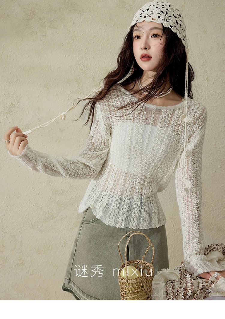 MISHOW Women 's Apricot White Hollow Knitted Sweater Spring 2025 Mohair Cover Drop Sleeve Top Strapless Slim Tube Top MXE12Z1120