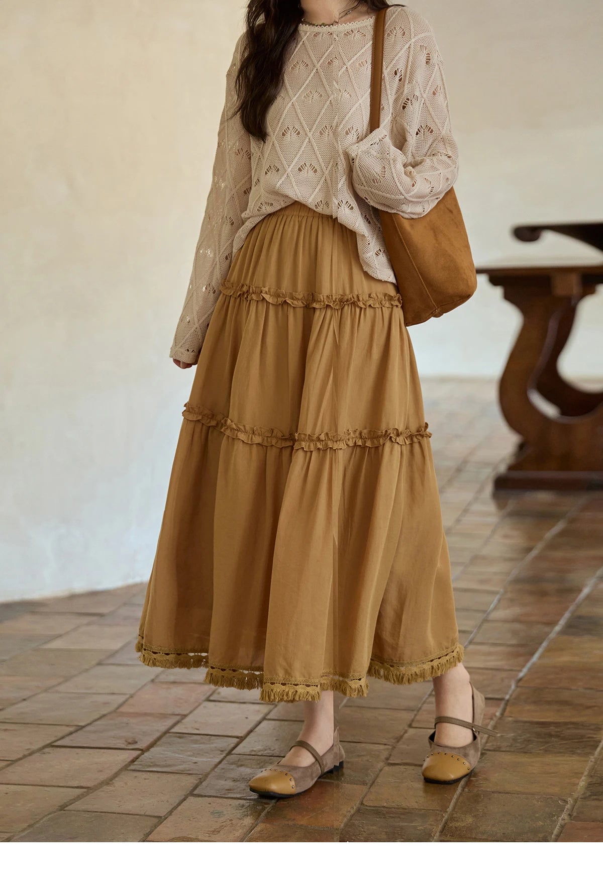 MISHOW Retro Orange 100 Lyocell Skirt 2025 Autumn Black Fungus Edge A-line Skirts Elastic High Waist Hem Tassel Skirt MXE42B2386