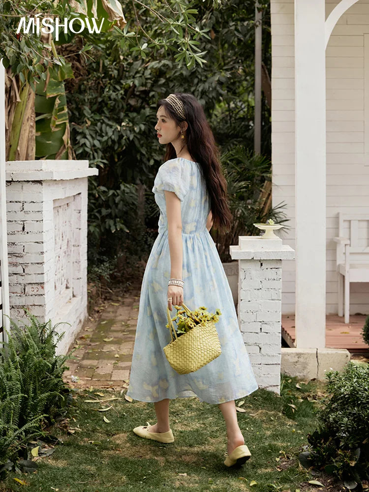 MISHOW V-Neck Lace-Up Puff Sleeve Midi Dress MXE34L2227