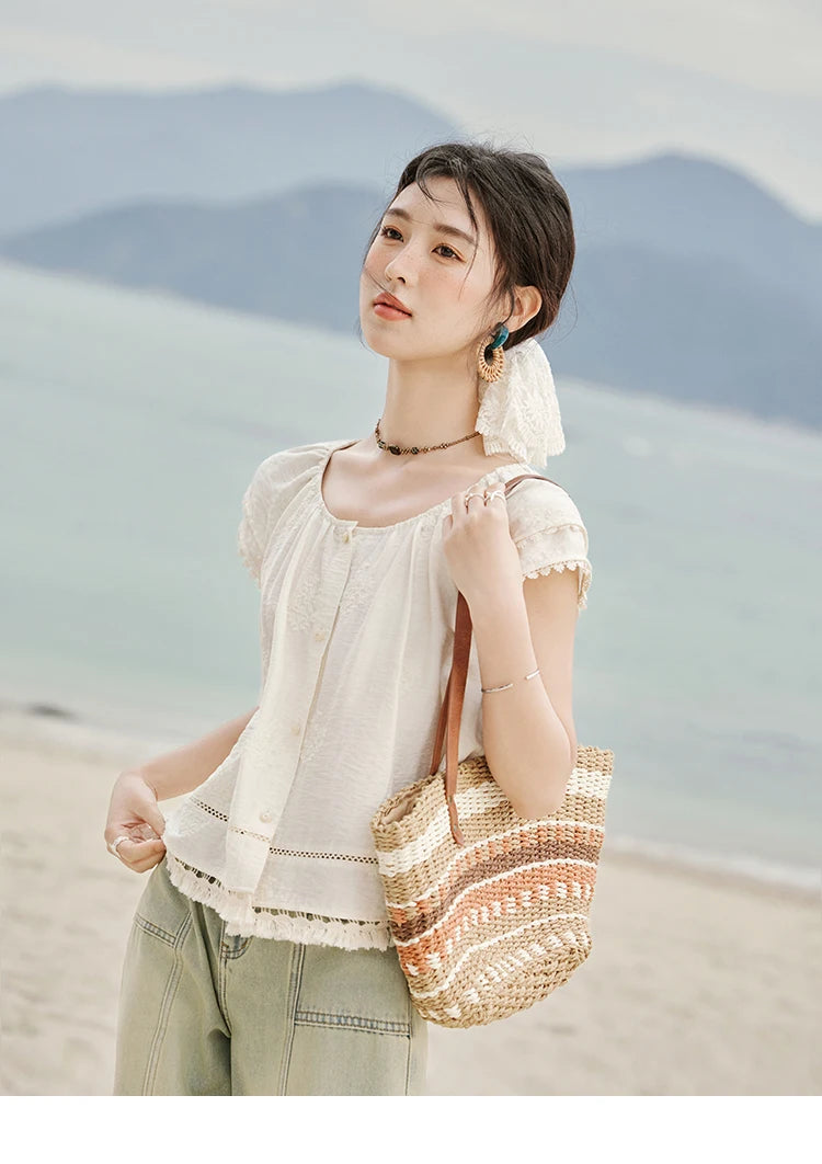 MISHOW Embroidered French Shirt Women Summer 2025 Short Sleeve Round Neck Solid Blouses Female Fashion New Tops Lady MXE33X1744