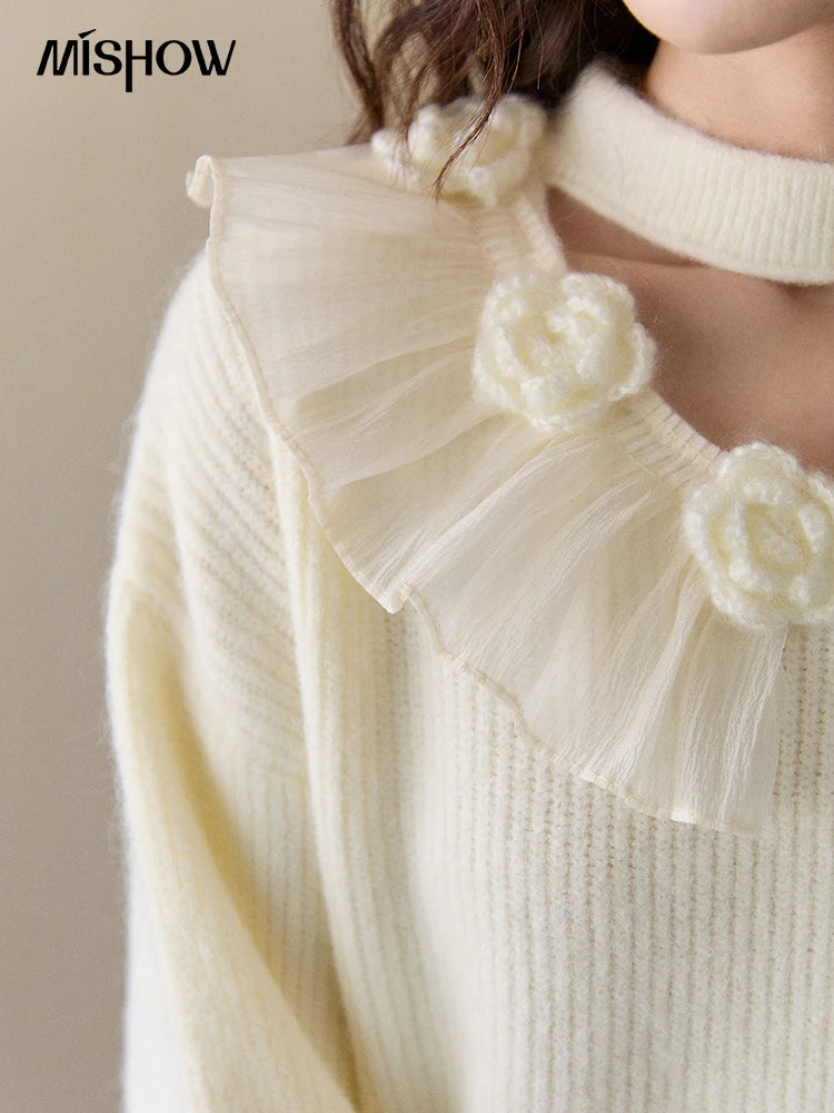 MISHOW Women's Cutout Neck Knitted Sweater 2025 Winter Ruffle Flower Decor Dropped Lantern Sleeves Pullover Tops MXE94Z2982