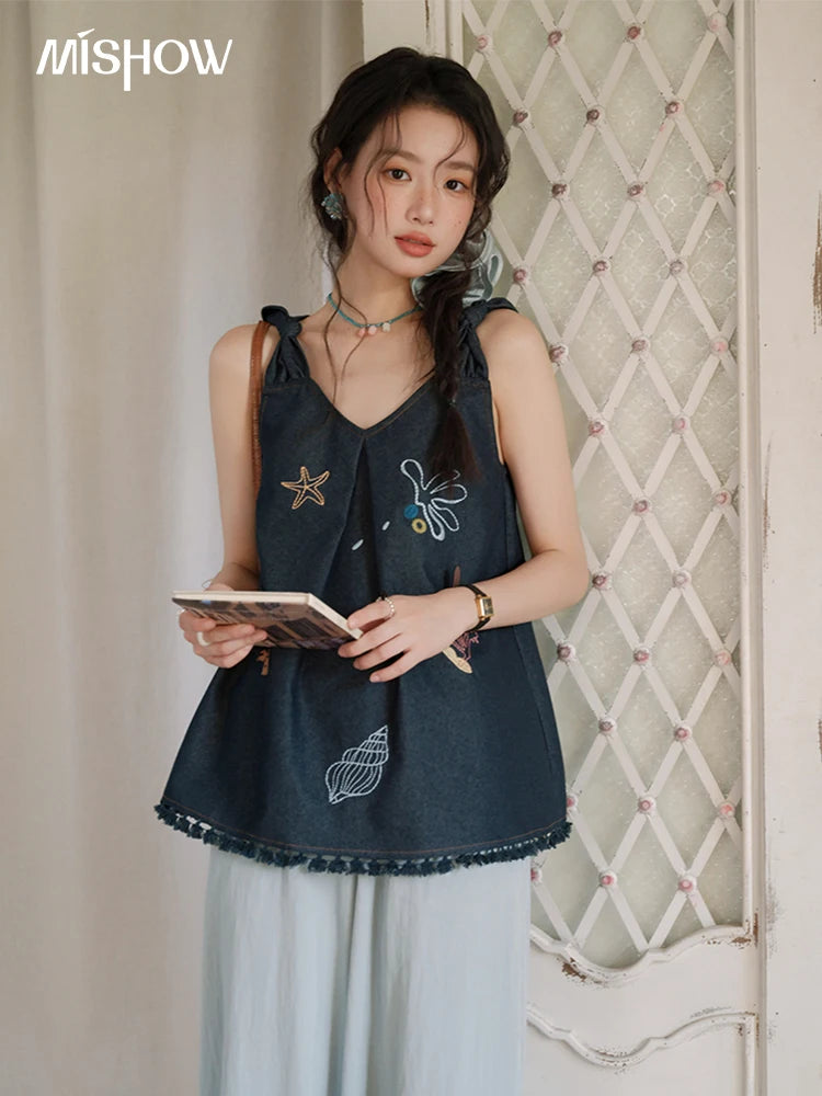 MISHOW Women's Fashion Strap Vest Summer 2025 Embroidery Lace Sleeveless Lady Camis Casual Vacation Tassel Denim Top MXE37X1860