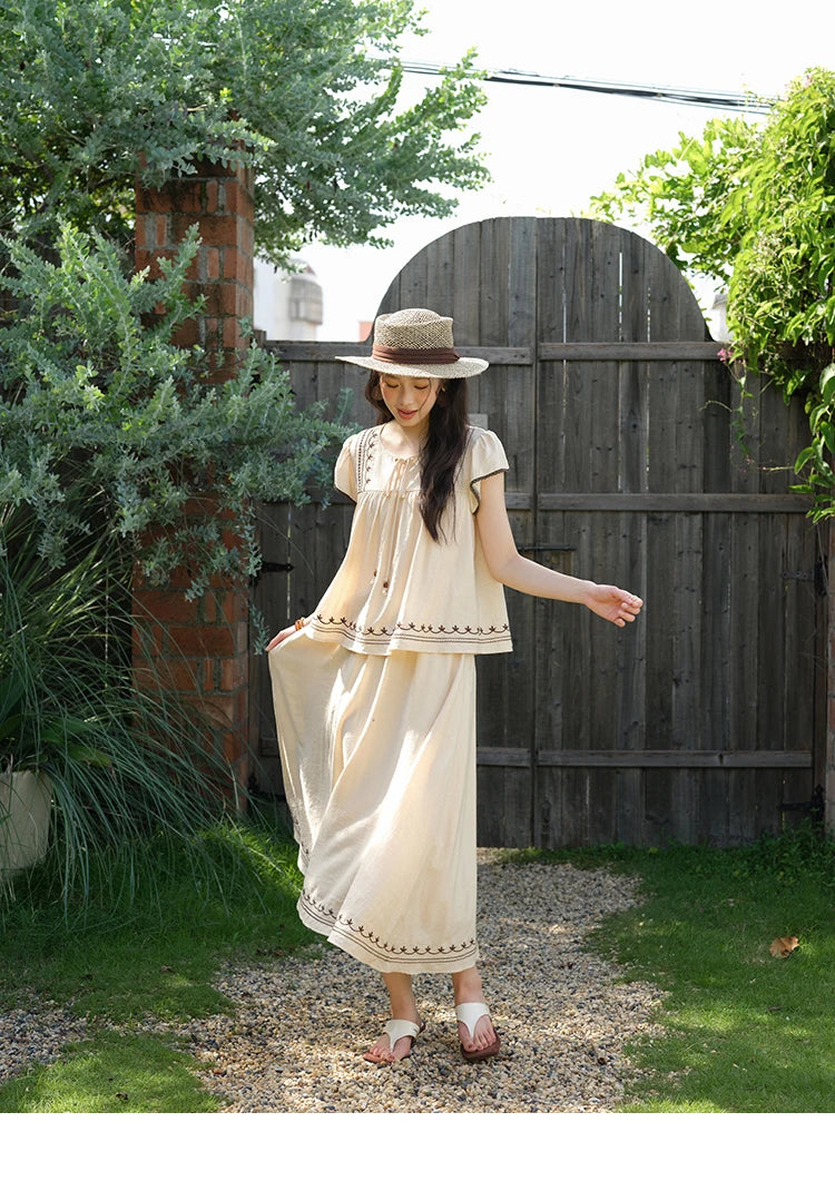 MISHOW Women Two Piece Set 2025 Summer Female Embroidery Flying Sleeve Lace Spliced Top Loose Elastic Waist Skirt Set MXE39T0667