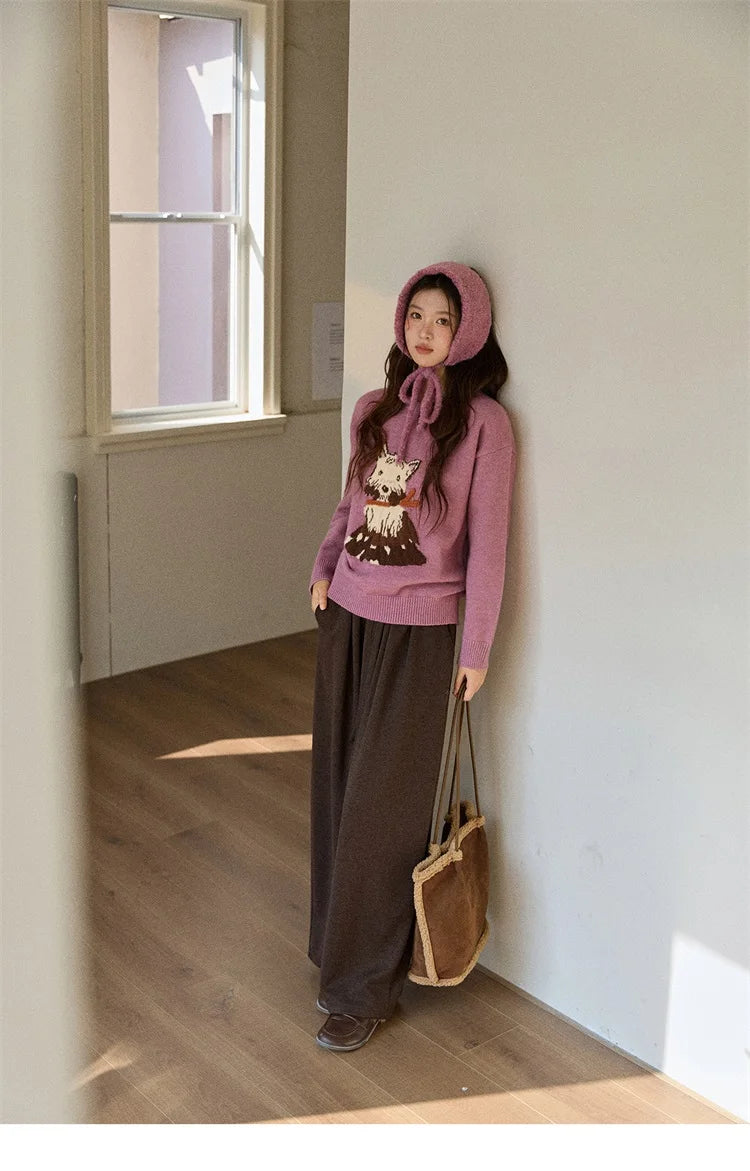 MISHOW Women's Jacquard Dog Thick Sweater Winter Purple Arctic Fleece Loose Soft Knitted Tops (Headband Not Included) MXE88Z2599