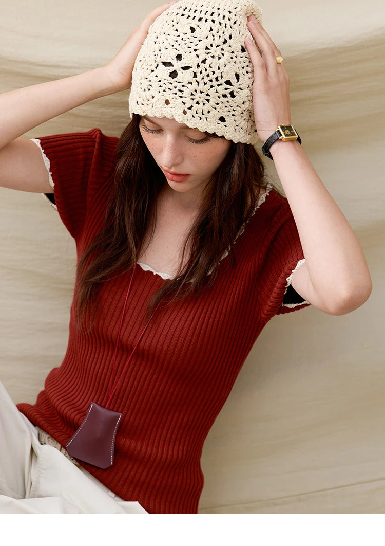 MISHOW Office Lady Summer Sweater Women 2025 New Solid Short Sleeve Lace Collar Contrast Color Hook Design Tops Slim MXE33Z1218