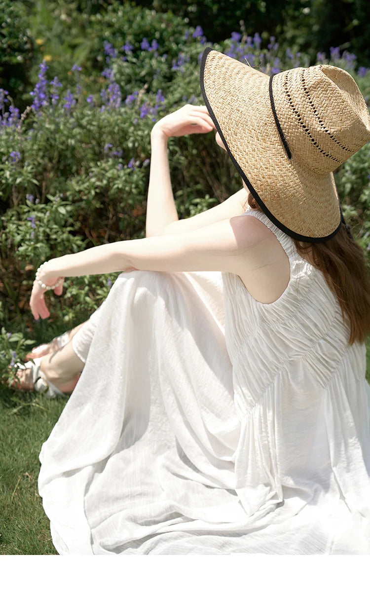 MISHOW French Retro Pleated Upper Suspender Dress for Women 2024 Summer Vacation Sleeveless Solid Mid Length Dresses MXD26L1939