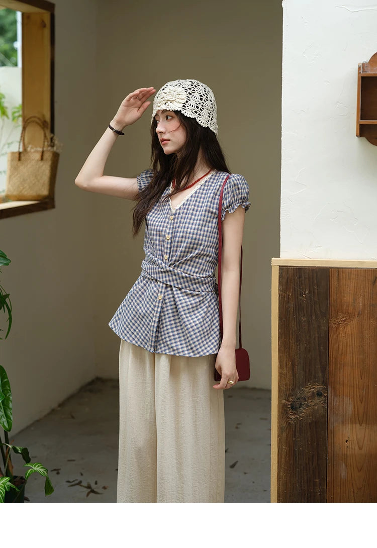 MISHOW Women's Garment Sleeves Plaid Shirt 2025 Summer New Fashion Lace V-neck Shirt Button Belt Top Female Clothing MXE36X1814