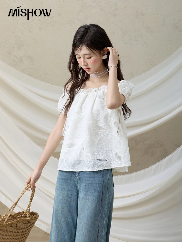 MISHOW French Summer Shirts Women New 2025 Slash Neck Short Sleeve Solid Lace Blouses Female Fashion Slim Tops Lady MXE35X1775