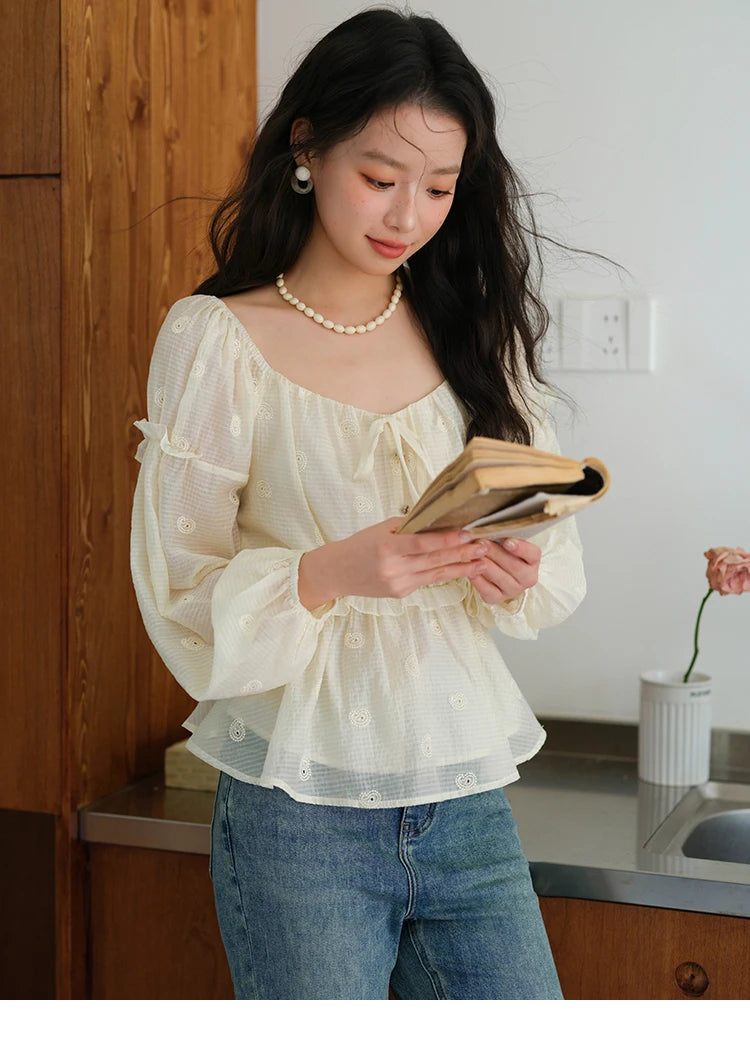 MISHOW Women's Fashion Cashew Flower Embroidered Blouse 2025 Autumn V-neck Lace Up Puff Sleeve Ladies Elegant Top MXE41X1945