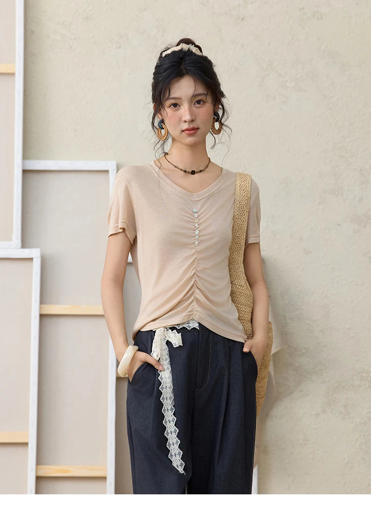 MISHOW V-neck Short Sleeve T-shirt Summer 2025 Mid Front Elastic Fold Single Row Shell Button Tees Casual Slim Tops MXE34T0560