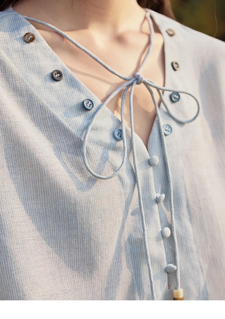 MISHOW French Summer Blouses Women Solid Short Puff Sleeve V-neck Lace-up Design Shirts Female Fashion Straight Tops MXE33X1743