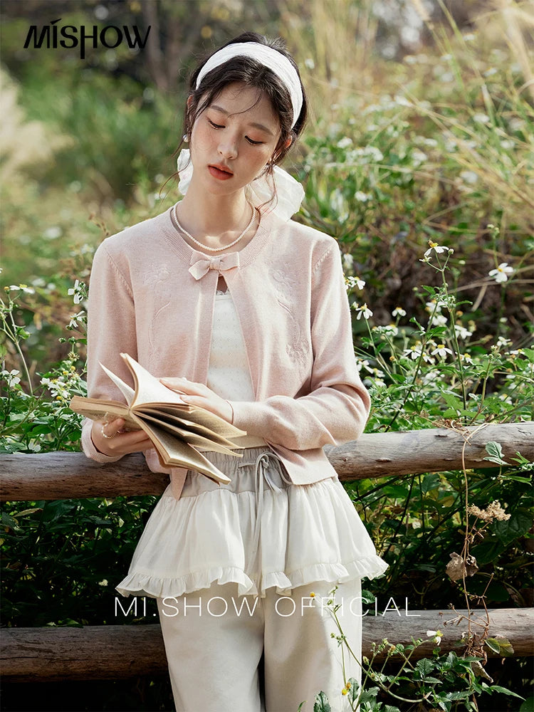 MISHOW Women's Iris Embroidery Round Neck Cardigan 2025 Spring Loose Knitted Thin Bow Design（Not Include Lace Vest）MXE13Z1142