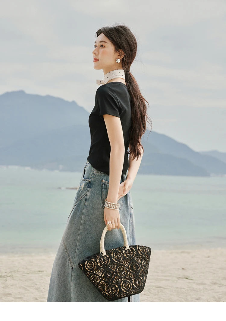 MISHOW Cotton Casual T-shirts Women New 2025 Short Sleeve V-neck Solid Versatile Shirt Female Fashion Basic Tops Lady MXE33T0519