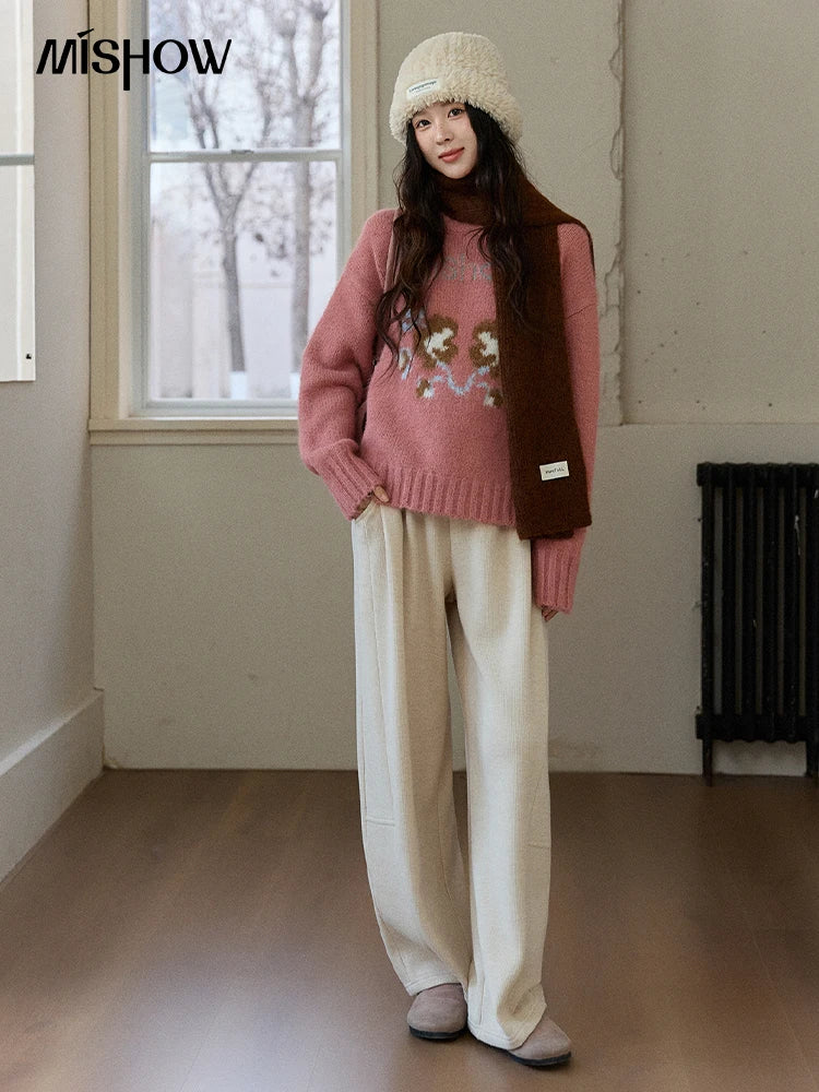 MISHOW Women's Fleece Lined Straight Knit Pants 2025 Autumn Winter Elastic Waist Casual Commute Trousers with Pockets MXE92K1131