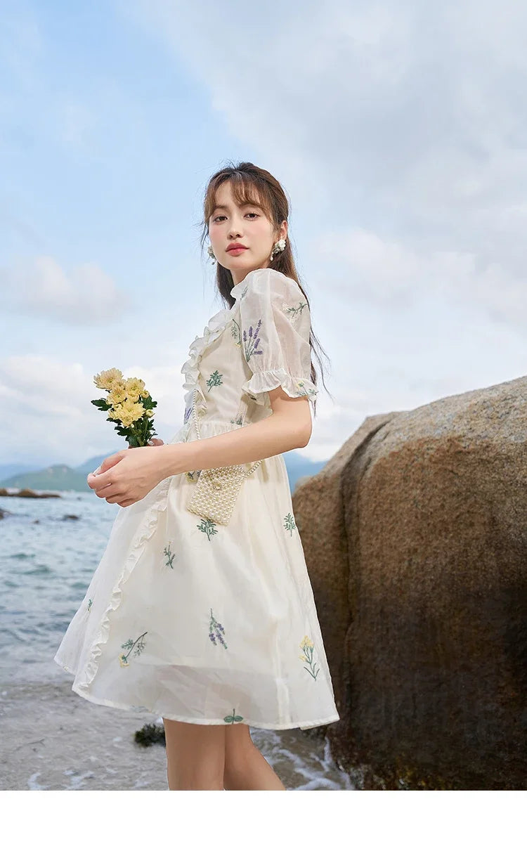 MISHOW Elegant Fairycore Embroidery Flower Dresses 2025 Summer A-line Flare Sleeve Ruffles Sweet Knee-Length Dresses MXC38L1518