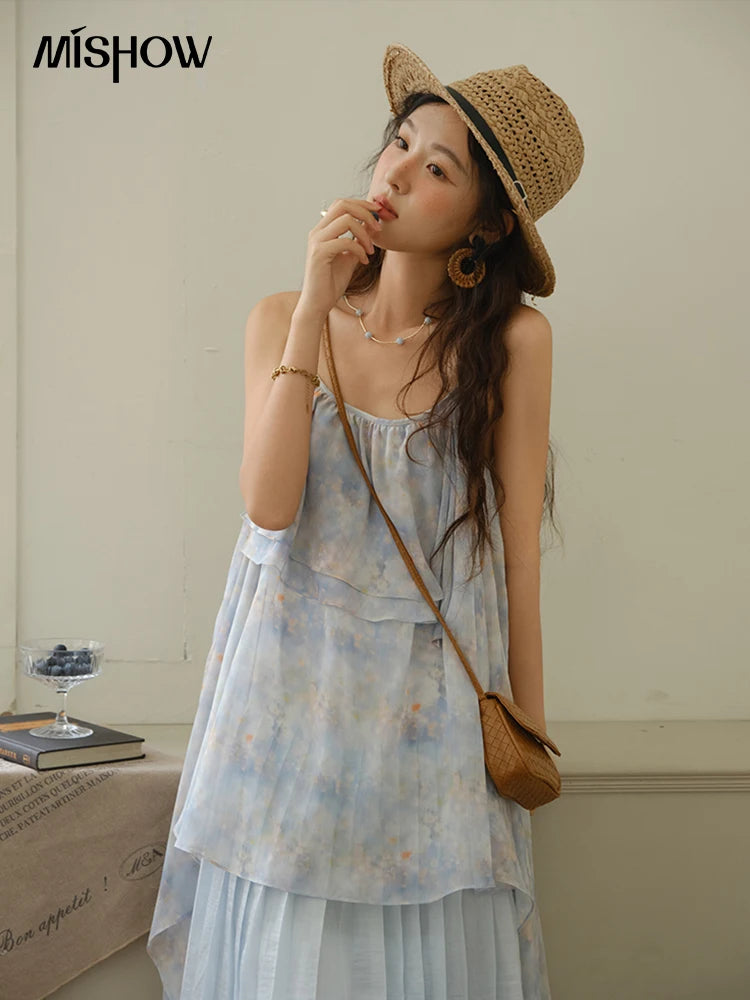 MISHOW Fashion Print Strap Dress for Women 2025 Summer New Multi Layer Ruffle Edge Splicing Sleeveless Midi Dresses MXE35L2233